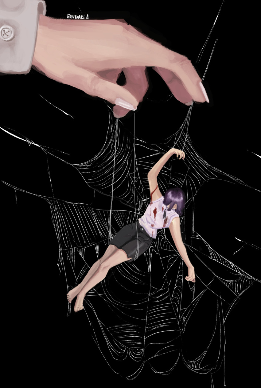 absurdres, black_necktie, braid, braided_ponytail, bug, chainsaw_man, erunaria7, hand_up