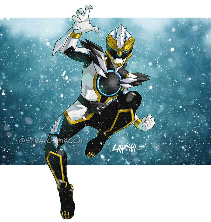 1boy, armor, bodysuit, full_body, gozyupolar, helmet, highres, no.1_sentai_gozyuger, signature, solo, stratosmacca, super_sentai, twitter_username, white_bodysuit, white_helmet