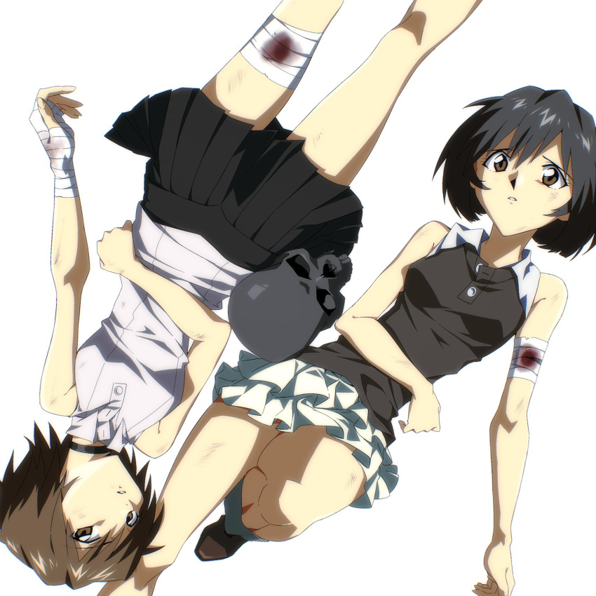 2girls, arm_across_waist, bandaged_arm, bandaged_hand, bandaged_leg, bandages, black_choker, black_hair, black_shirt, black_skirt, black_skull, blood, blood_on_bandages, boots, breasts, brown_boots, brown_eyes, brown_hair, choker, collared_shirt, frilled_skirt, frills, highres, knee_up, looking_at_viewer, lying, miko_heb, multiple_girls, on_back, original, parted_lips, pleated_skirt, raised_inner_eyebrows, rotational_symmetry, shirt, short_hair, simple_background, skirt, skull, sleeveless, sleeveless_shirt, white_background, white_shirt, white_skirt