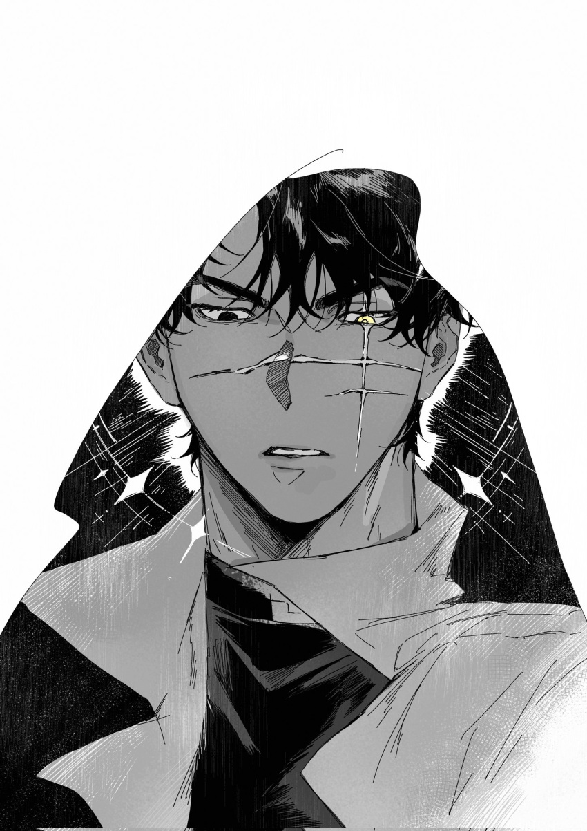 1boy, black_hair, black_shirt, coat, crew_neck, curtained_hair, expressionless, halo