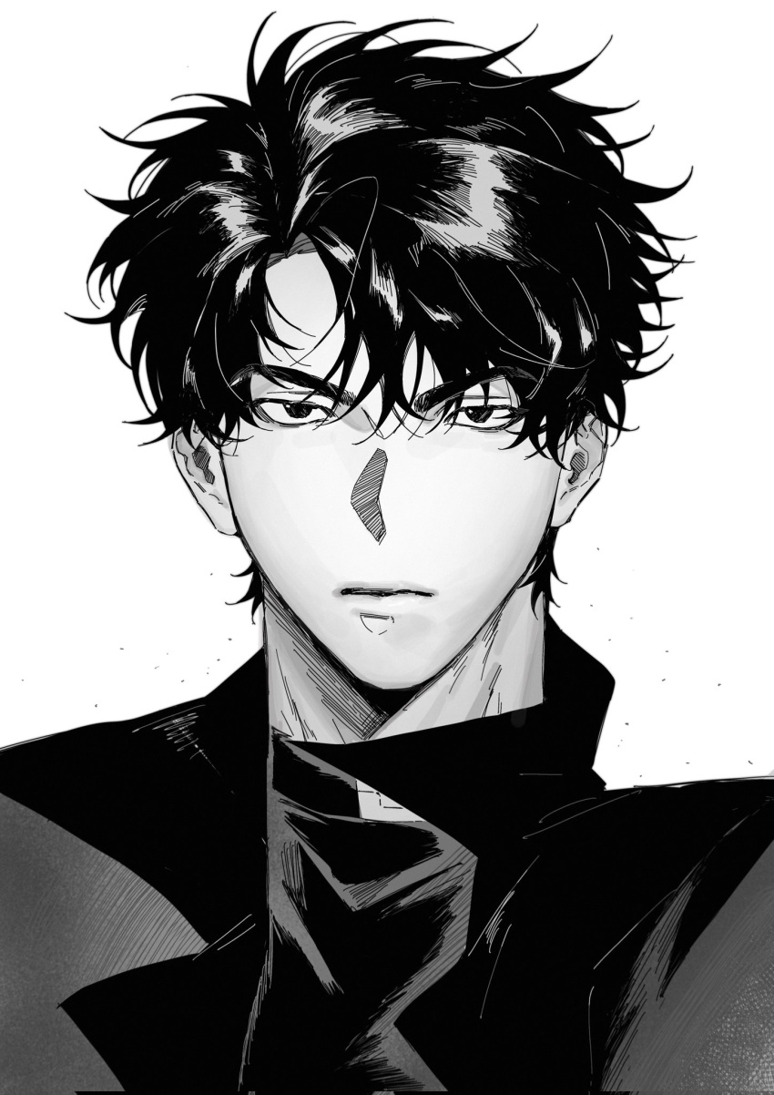 1boy, black_coat, black_hair, black_shirt, coat, crew_neck, curtained_hair, expressionless