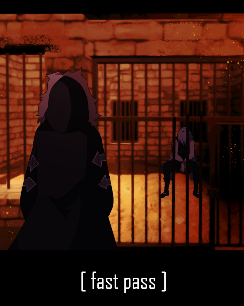 1boy, 1girl, arrow_print, black_coat, boots, brick_wall, brook_(i'm_the_grim_reaper), coat