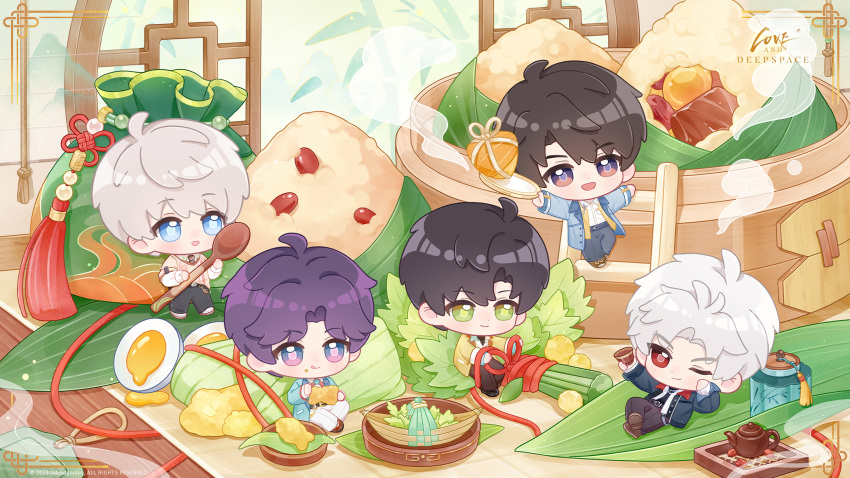 5boys, ahoge, black_hair, black_pants, blue_eyes, blue_jacket, blue_pants, caleb_(love_and_deepspace)