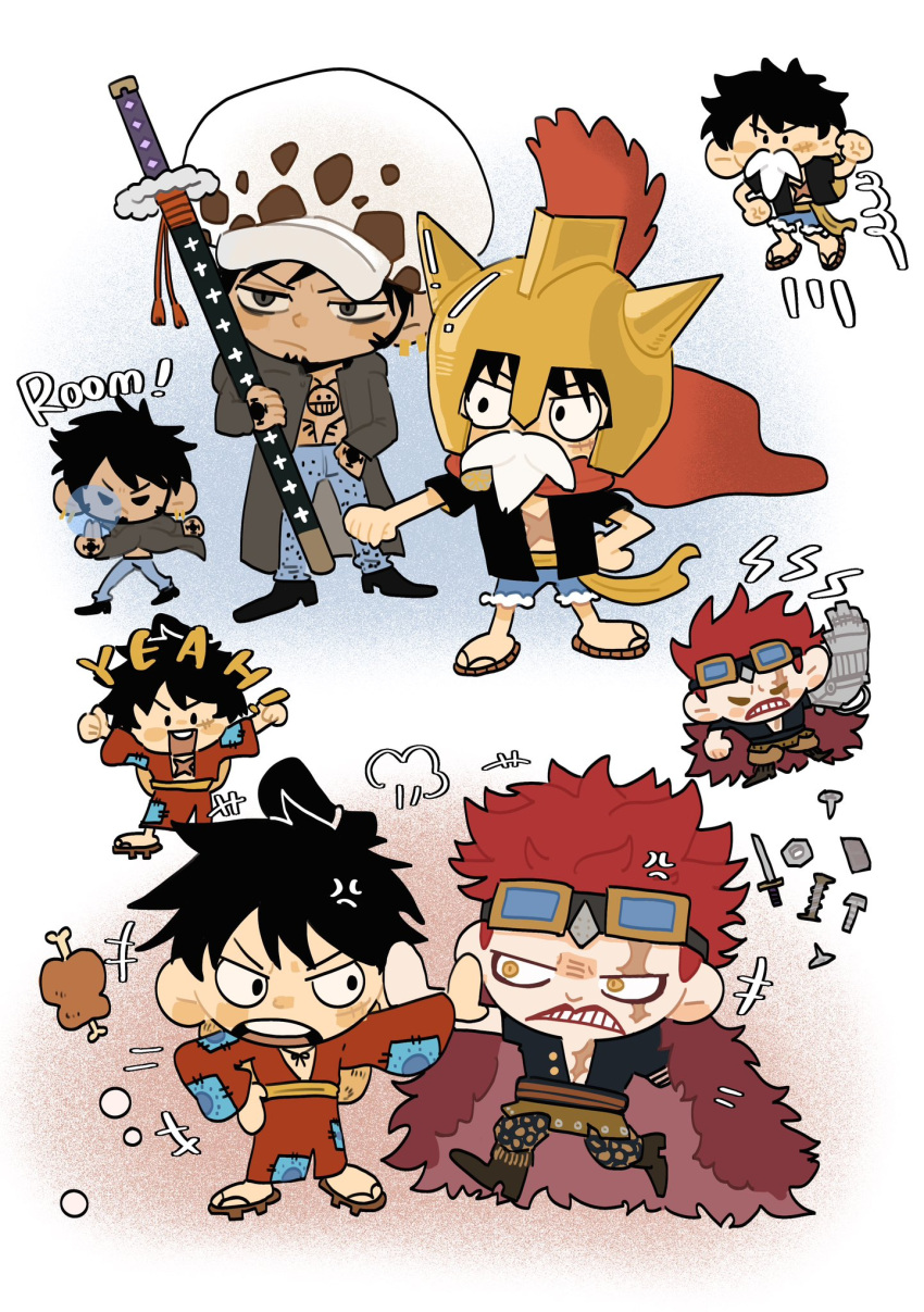 3boys, anger_vein, black_hair, chibi, chonmage, coat, commentary, denim, earrings, eustass_kid, facial_hair, fake_facial_hair, fake_mustache, fighting, food, gangan233, goatee, goggles, goggles_on_head, hand_on_own_hip, helmet, highres, holding, holding_sword, holding_weapon, japanese_clothes, jeans, jewelry, kimono, male_focus, meat, mechanical_arms, monkey_d._luffy, multiple_boys, one_piece, pants, red_hair, red_kimono, sandals, sash, scar, scar_on_face, short_hair, single_mechanical_arm, smile, sword, teeth, topknot, trafalgar_law, upper_teeth_only, weapon, yellow_sash