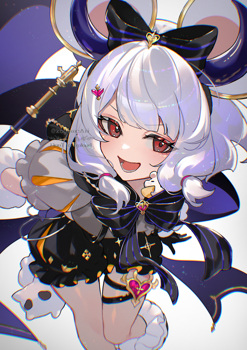 1girl, animal_ears, black_gloves, black_shorts, commentary_request, fake_animal_ears, fake_horns, foot_out_of_frame, gloves, granblue_fantasy, grey_background, hair_ornament, horns, kogome_(azalea4), looking_at_viewer, mouse_ears, open_mouth, puffy_short_sleeves, puffy_sleeves, red_eyes, scepter, short_sleeves, shorts, simple_background, solo, vikala_(granblue_fantasy), vikala_(halloween)_(granblue_fantasy), white_hair
