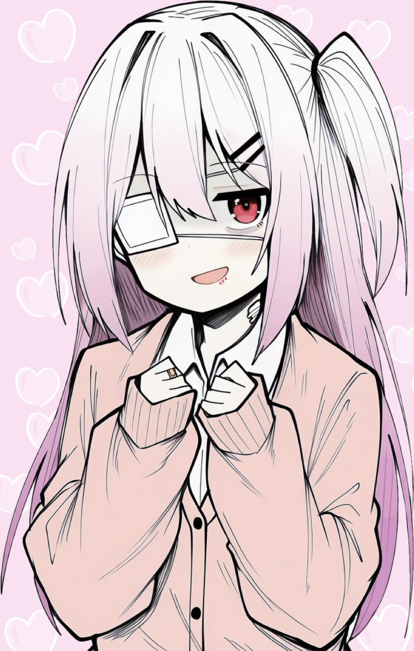 1girl, :d, bags_under_eyes, bandaid, bandaid_on_finger, bandaid_on_hand, blush, brown_cardigan, buttons, cardigan, collared_shirt, commentary_request, dot_nose, eyepatch, gauze, gauze_on_neck, gradient_hair, hair_between_eyes, hair_ornament, hairclip, hands_up, heart, heart_background, highres, long_hair, makigirisu, medical_eyepatch, multicolored_hair, one_side_up, open_mouth, original, pink_background, pink_hair, red_eyes, shirt, sleeves_past_wrists, smile, solo, two-tone_hair, upper_body, white_hair, white_shirt