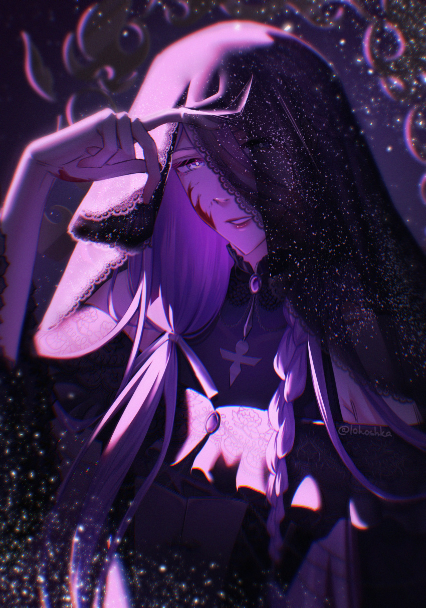 absurdres, blood, blood_on_face, blood_on_hands, evil_smile, first_stage_production, hair_ribbon, hand_up, highres, lohoshka, long_hair, nun, purple_background, ribbon, shiki_katagami, smile, sparkle, teeth, virtual_youtuber, watermark
