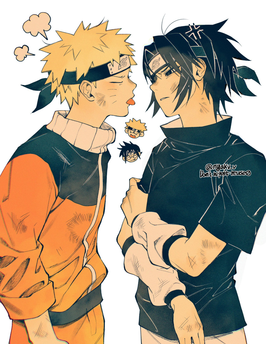 2boys, anger_vein, black_hair, blonde_hair, closed_eyes, commentary_request, cowboy_shot, dirty