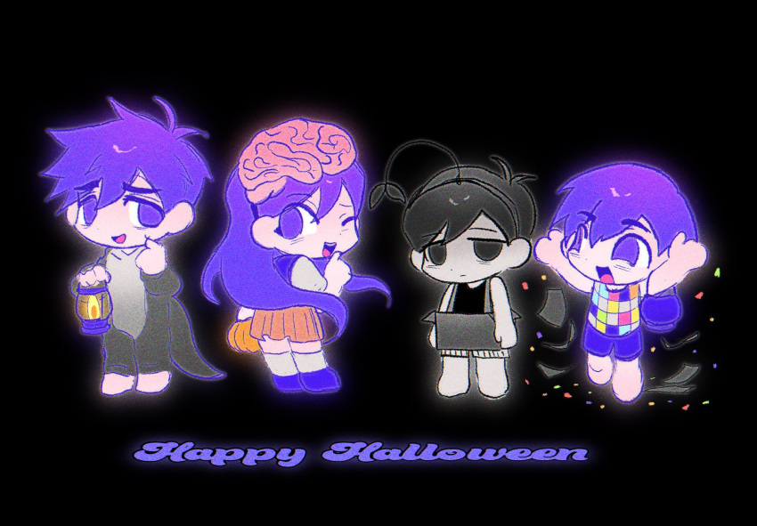 1girl, 3boys, antenna_hair, arms_up, barefoot, black_background, black_eyes, black_hair