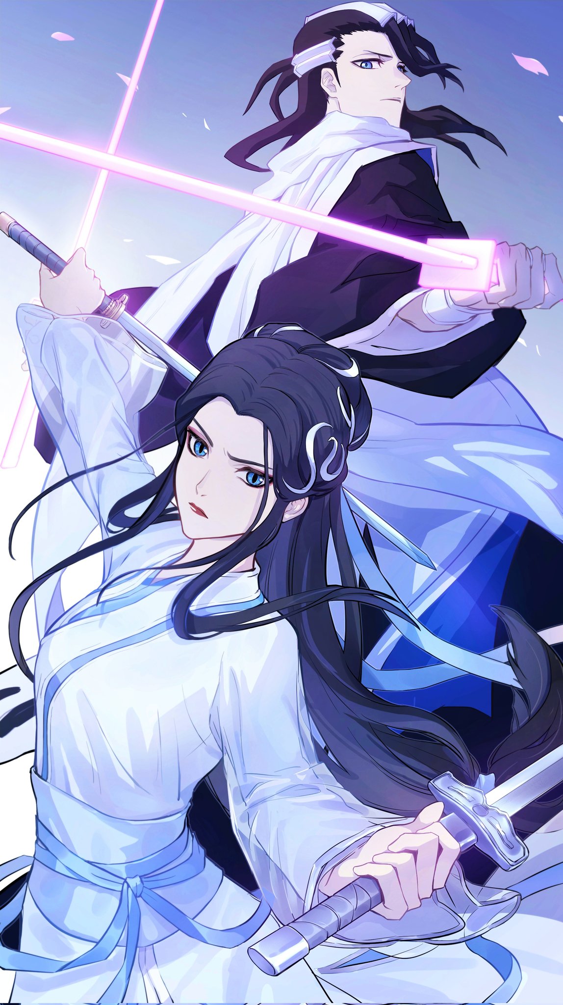 1boy, 1girl, antatica11, baishe:_yuanqi, black_hair, bleach, blue_eyes, breasts, chinese_clothes, commentary_request, crossover, dress, dual_wielding, haori, highres, holding, holding_sword, holding_weapon, japanese_clothes, kuchiki_byakuya, large_breasts, long_hair, petals, red_lips, reverse_trap, serious, shihakusho, sword, taichou_haori, weapon, white_dress, xiao_bai