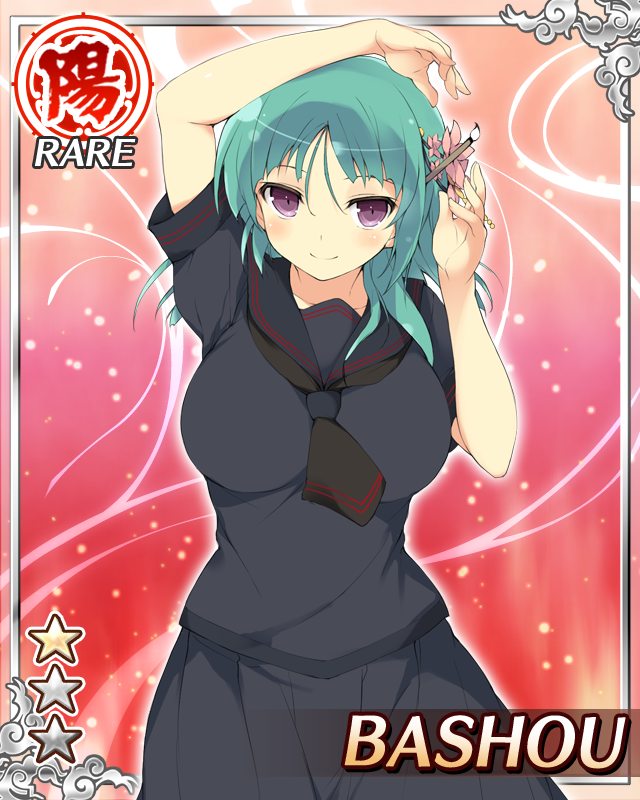 1girl, adjusting_hair, arms_up, bashou_(senran_kagura), black_neckerchief, black_serafuku, breasts, closed_mouth