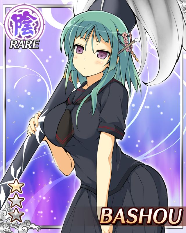 1girl, bashou_(senran_kagura), black_neckerchief, black_serafuku, breasts, card_(medium), closed_mouth, dot_mouth