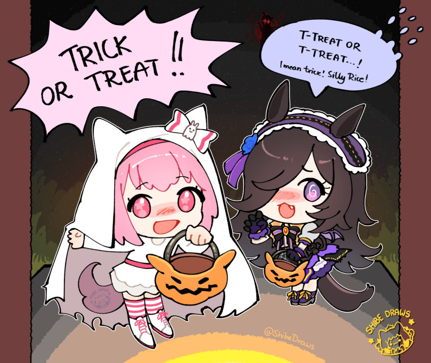 3girls, :3, :d, @_@, alternate_costume, animal_ears, artist_name, basket, black_gloves, blue_flower, blue_rose, blush, bow, brown_hair, chibi, chibi_only, claw_pose, english_text, fake_wings, fang, flipped_hair, flower, flower-shaped_pupils, frills, gloves, glowing, glowing_eyes, hair_over_one_eye, hairband, halloween, halloween_costume, haru_urara_(umamusume), headdress, holding, holding_basket, horse_ears, horse_girl, horse_tail, jack-o'-lantern, long_hair, long_sleeves, looking_at_viewer, multiple_girls, nose_blush, official_alternate_costume, open_mouth, pink_eyes, pink_hair, pink_socks, puffy_short_sleeves, puffy_sleeves, purple_shoes, purple_skirt, red_eyes, rice_shower_(make_up_vampire!)_(umamusume), rice_shower_(umamusume), rose, shibedraws, shirt, shoes, short_hair, short_sleeves, shouting, silhouette, skirt, smile, socks, speech_bubble, striped_bow, striped_clothes, striped_socks, symbol-shaped_pupils, tail, trick-or-treating, trick_or_treat, twitter_username, umamusume, veil, very_long_hair, violet_eyes, watermark, white_shirt, white_shoes, white_skirt, white_socks, wings