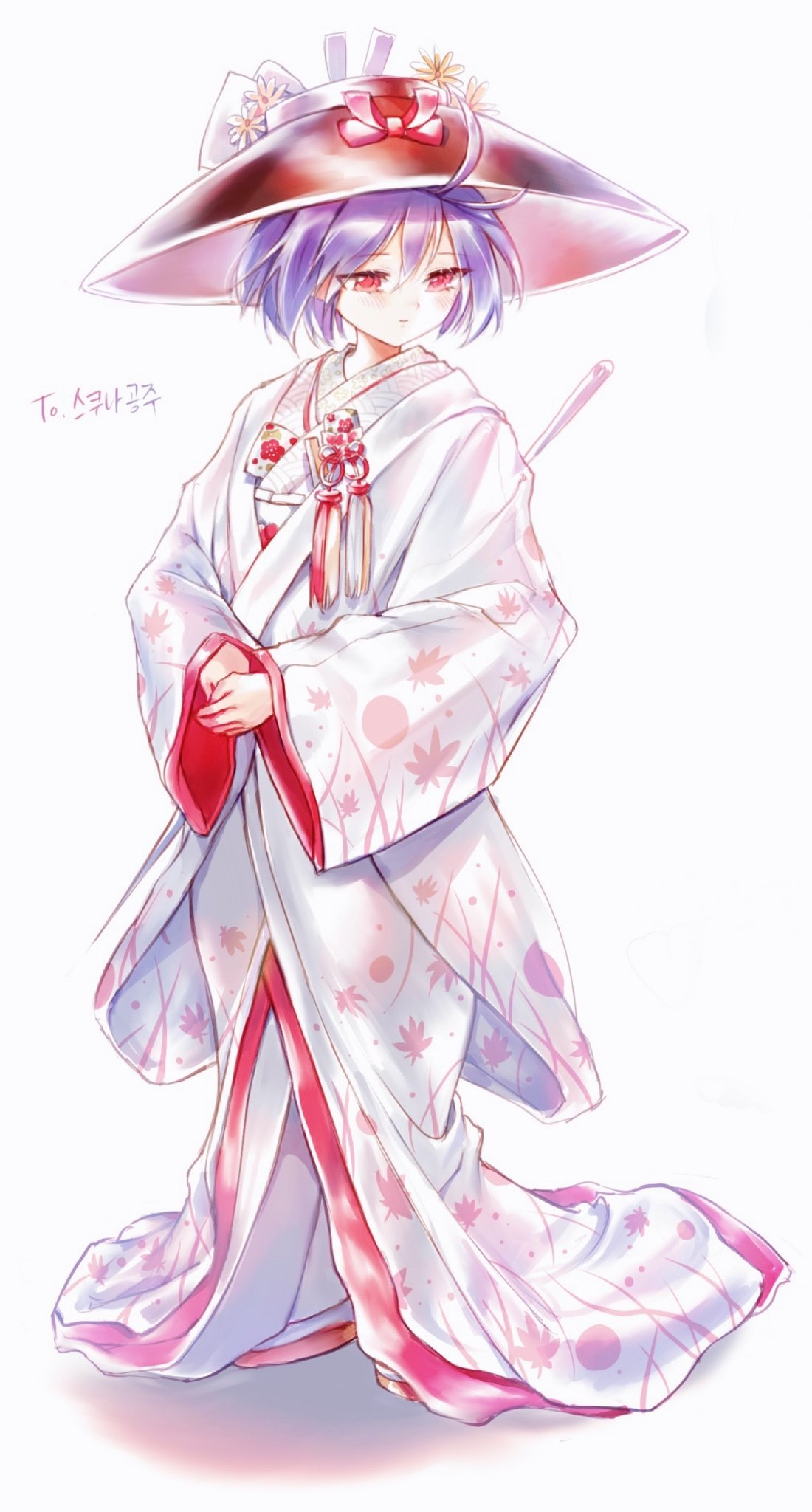 1girl, alternate_costume, antenna_hair, bow, bowl, bowl_hat, commentary_request, flower