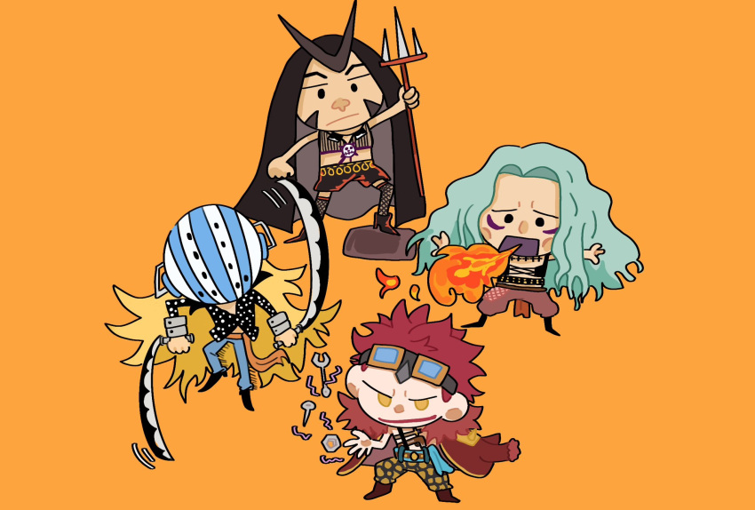 4boys, blue_hair, blue_sash, chibi, denim, eustass_kid, fire, gangan233