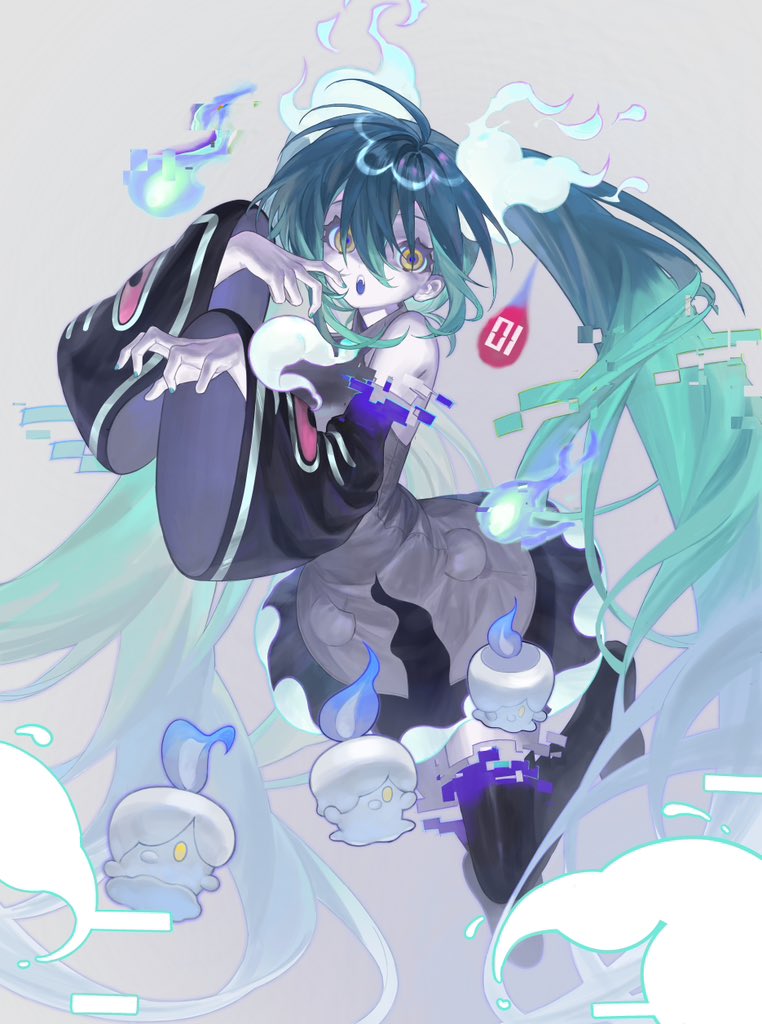 black_sleeves, detached_arm, detached_legs, ghost, ghost_girl, ghost_miku_(project_voltage), glitch, glowing_neckwear