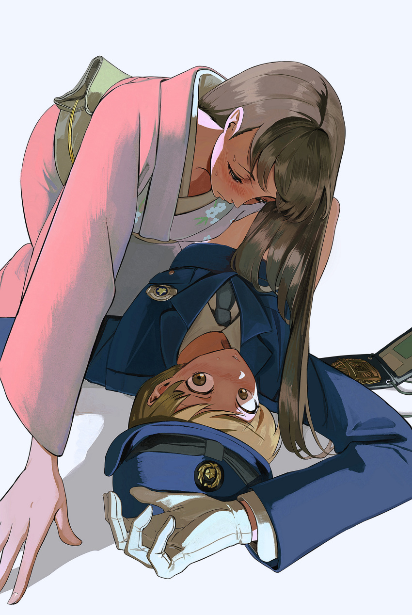 2girls, absurdres, aged_up, amagi_yukiko, arm_up, babakun, black_hair, blue_hat, blue_jacket, blue_necktie, blue_skirt, blush, bob_cut, brown_hair, collared_shirt, eye_contact, gloves, half-closed_eyes, hand_on_ground, hat, highres, jacket, japanese_clothes, kimono, long_hair, long_sleeves, looking_at_another, lying, multiple_girls, necktie, nervous, on_back, parted_lips, pencil_skirt, persona, persona_4, pink_kimono, police, police_badge, police_uniform, policewoman, satonaka_chie, shirt, short_hair, skirt, sweatdrop, white_gloves, yuri
