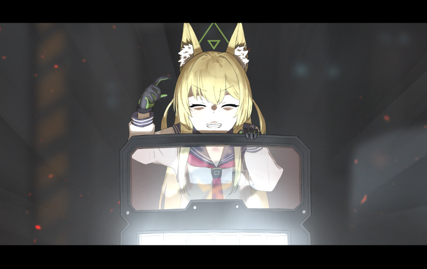 1girl, ^_^, absurdres, animal_ear_fluff, animal_ears, ballistic_shield, black_gloves, black_sailor_collar