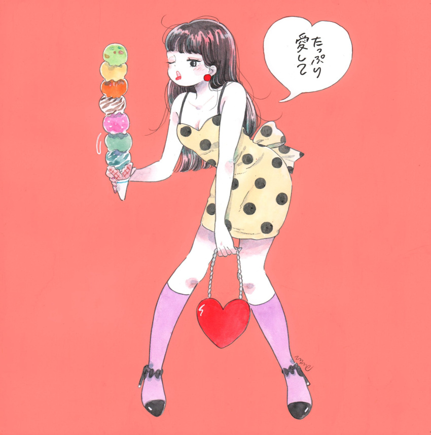 1girl, ankle_strap, bag, bare_shoulders, black_eyes, black_hair, blunt_ends, blush