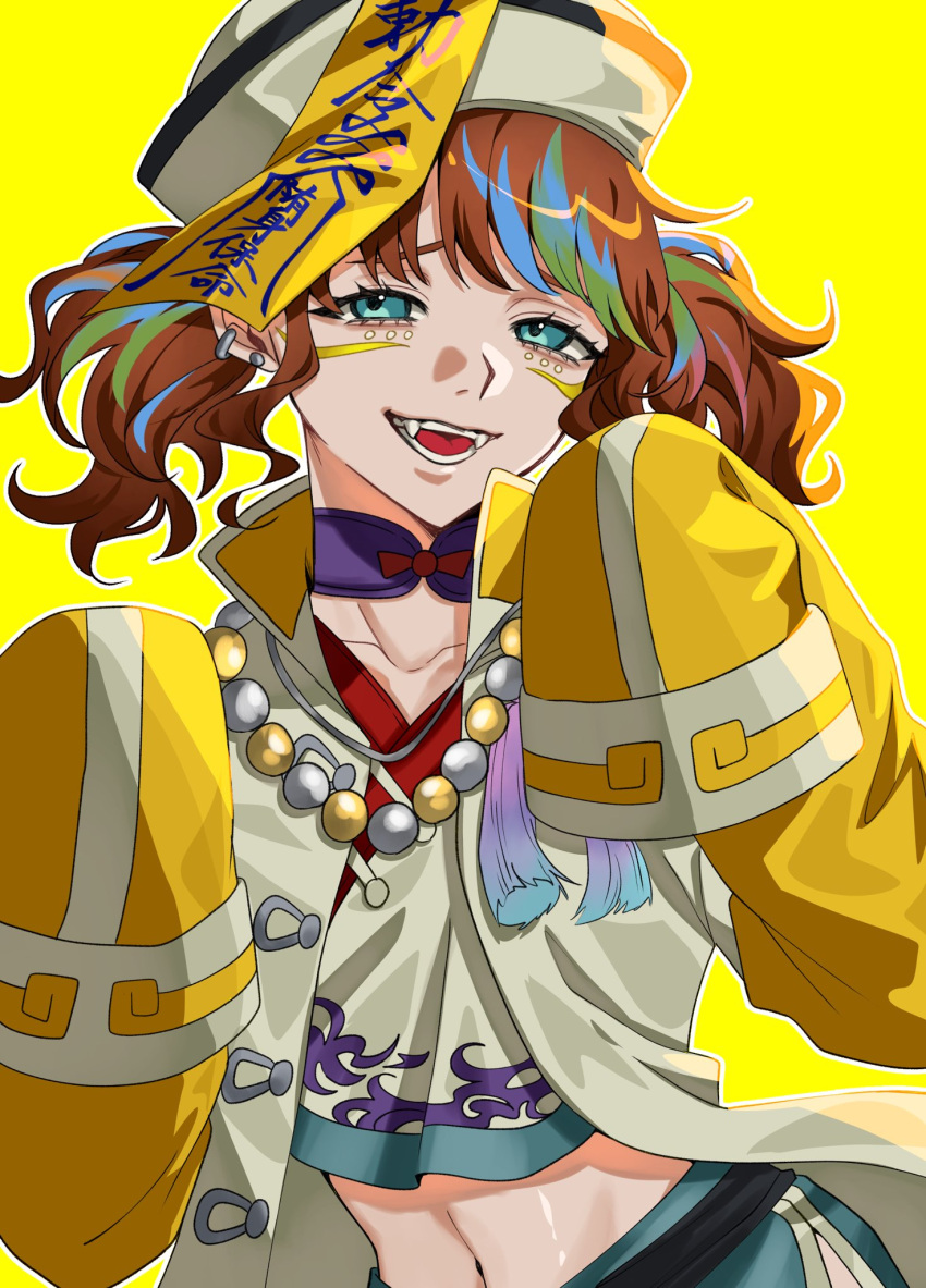 1girl, bead_necklace, beads, blue_eyes, blue_pants, blue_streaks, cheese_hr, chinese_clothes, choker, collarbone, earrings, english_commentary, facial_mark, fangs, green_streaks, hat, highres, identity_v, jacket, jewelry, jiangshi, jiangshi_costume, lily_barriere, lily_barriere_(oph.lily), low_twintails, mark_under_both_eyes, multicolored_hair, navel, necklace, ofuda, open_mouth, orange_hair, outstretched_arms, pants, purple_choker, qingdai_guanmao, raised_inner_eyebrows, shirt, sidelocks, sleeves_past_fingers, sleeves_past_wrists, solo, streaked_hair, teeth, twintails, wavy_hair, white_jacket, white_shirt, wispy_bangs, zombie_pose