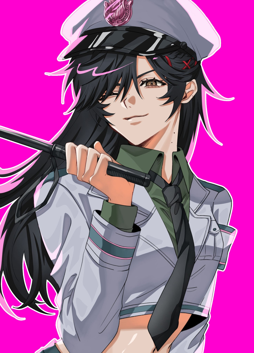 1girl, armband, black_hair, black_necktie, blazer, breast_pocket, brown_eyes, cheese_hr, collared_shirt, crop_top, english_commentary, green_shirt, hair_between_eyes, hair_ornament, hairclip, hand_up, hat, highres, holding_baton, identity_v, jacket, lapels, light_smile, long_hair, long_sleeves, multiple_moles, navel, necktie, one_eye_closed, pants, parted_bangs, peaked_cap, pink_background, pocket, police_badge, police_hat, qi_shiyi, qi_shiyi_(oph.qi), shirt, side_part, sidelocks, smile, solo, white_hat, white_jacket