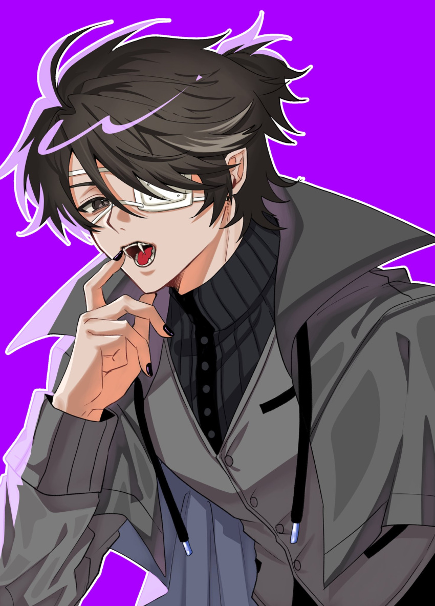 1boy, ahoge, black_nails, black_shirt, brown_eyes, brown_hair, buttons, cheese_hr
