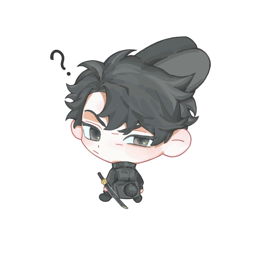 1boy, :/, ?, animal_ears, black_coat, black_eyes, chibi, chibi_only, coat, full_body, half-closed_eye, highres, kemonomimi_mode, looking_back, omniscient_reader's_viewpoint, open_clothes, open_coat, owlaoao, rabbit_ears, rabbit_tail, scabbard, sheath, solo, tail, yoo_joonghyuk