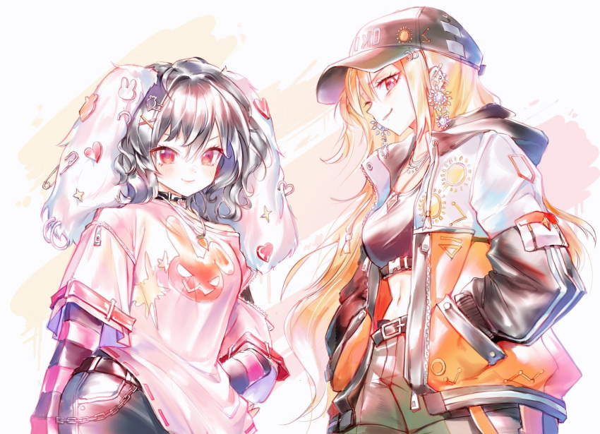2girls, :p, alternate_costume, animal_ear_piercing, animal_ears, animal_print, baseball_cap, belt