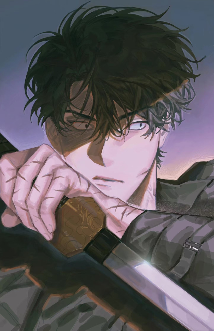 1boy, black_coat, black_hair, black_shirt, coat, commentary, dilated_pupils, english_commentary