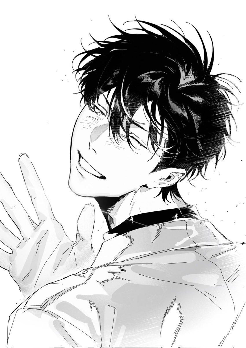 1boy, black_hair, closed_eyes, coat, commentary, english_commentary, from_behind, grin