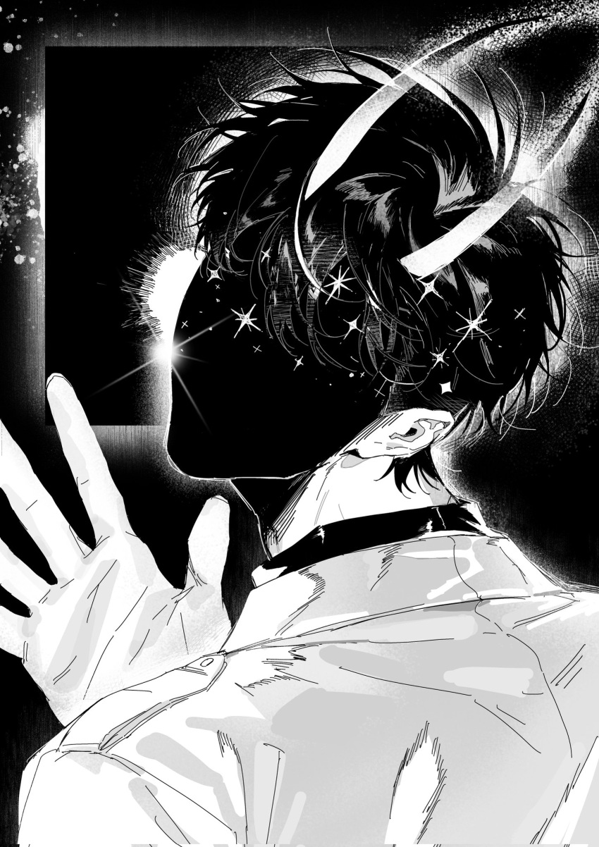 1boy, black_hair, box, coat, commentary, demon_horns, english_commentary, faceless