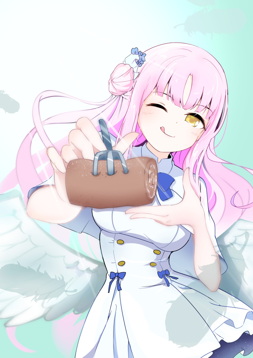 1girl, ;q, absurdres, blue_archive, blue_bow, blue_bowtie, blue_flower, blunt_bangs, blush, bow, bowtie, breasts, buttons, cake, capelet, closed_mouth, commentary_request, cowboy_shot, double-breasted, dress, dress_bow, feathered_wings, floating_hair, flower, food, fork, frilled_dress, frills, gradient_background, hair_bun, hair_flower, hair_ornament, hands_up, highres, holding, holding_fork, incoming_food, large_breasts, long_hair, looking_at_viewer, low_wings, mika_(blue_archive), one_eye_closed, pink_hair, sidelocks, simple_background, single_side_bun, smile, solo, suroe_(wksx578), swiss_roll, tongue, tongue_out, white_background, white_capelet, white_dress, white_wings, wings, yellow_eyes