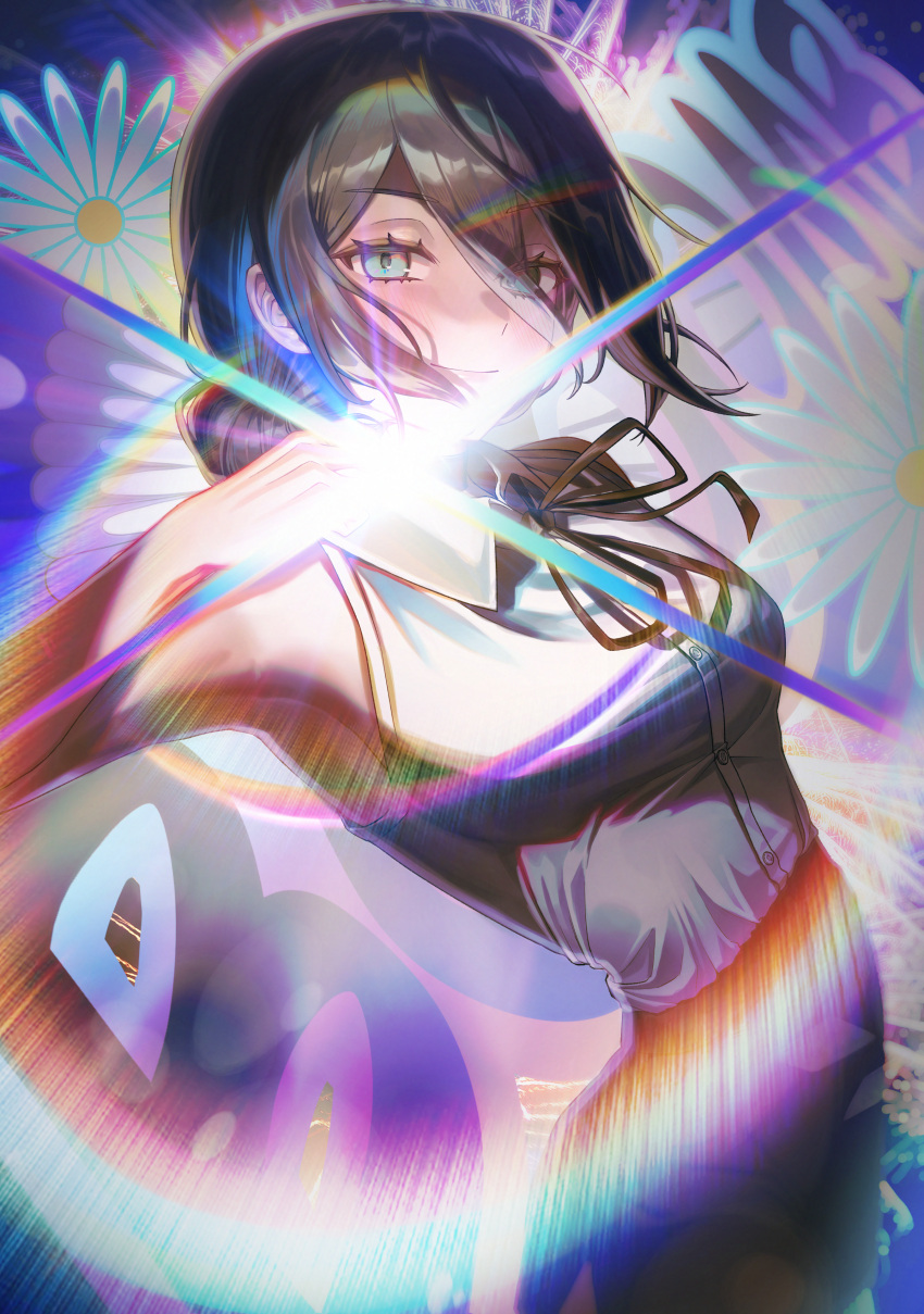 1girl, absurdres, black_hair, black_ribbon, blue_eyes, chainsaw_man, flower, hair_between_eyes