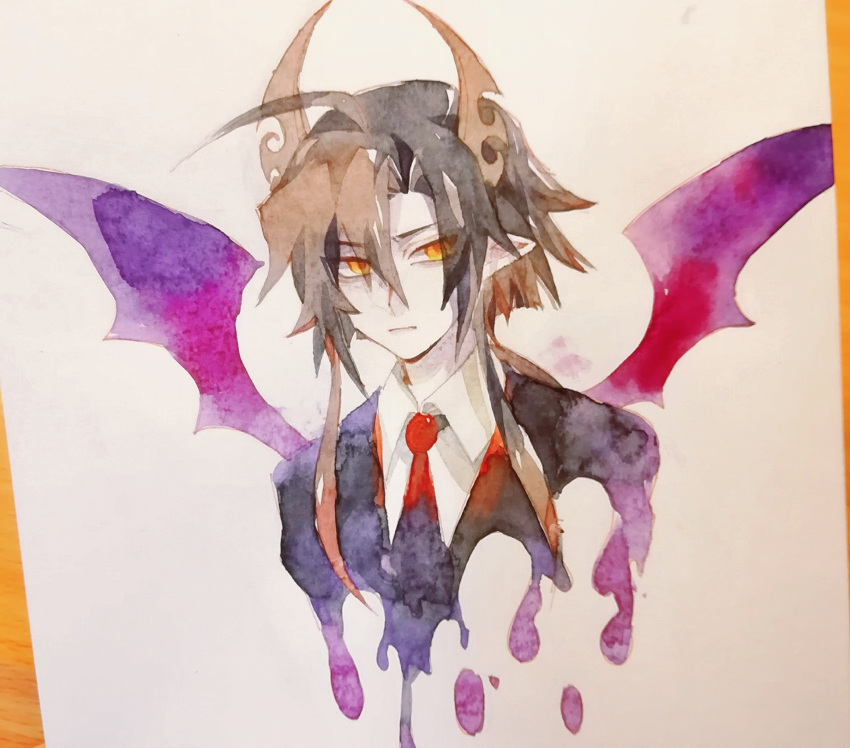 1boy, aiaiaiaizi, black_hair, black_suit, commentary, demon_boy, demon_horns, demon_wings, english_commentary, funamusea, highres, horns, licorice_(funamusea), male_focus, orange_eyes, solo, suit, wings