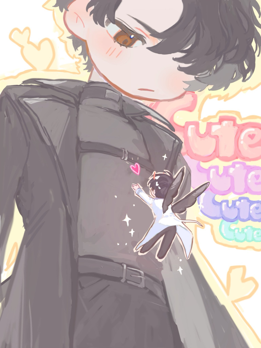 2boys, :/, black_coat, black_hair, black_wings, blush, coat, commentary
