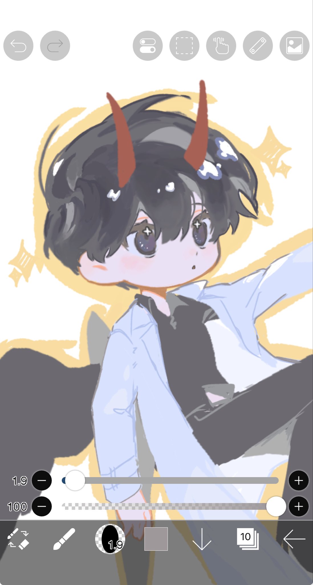 1boy, :o, art_program_in_frame, black_eyes, black_hair, black_shirt, black_wings, chibi