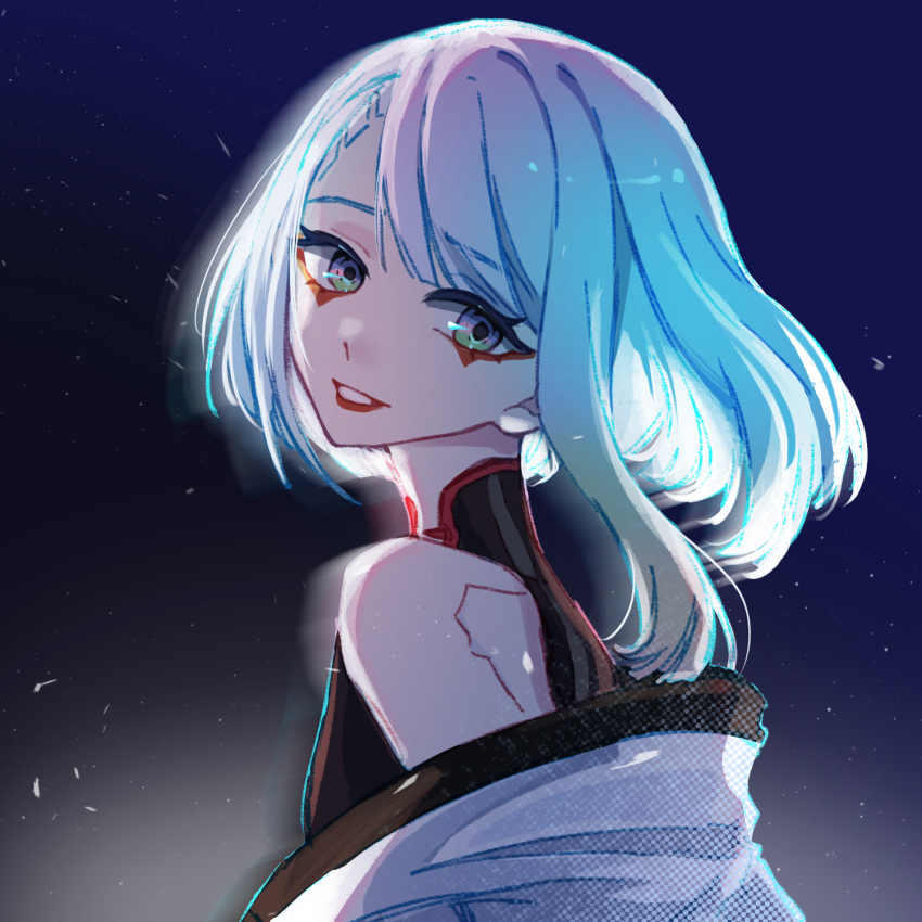 1girl, backlighting, bare_shoulders, black_bodysuit, bodysuit, chilizi, cyberpunk:_edgerunners, cyberpunk_(series), dark_background, eyeliner, from_side, grin, highres, looking_at_viewer, lucy_(cyberpunk), makeup, off-shoulder_jacket, off_shoulder, red_eyeliner, red_lips, short_hair, sleeveless, sleeveless_bodysuit, smile, solo, upper_body, violet_eyes, white_hair