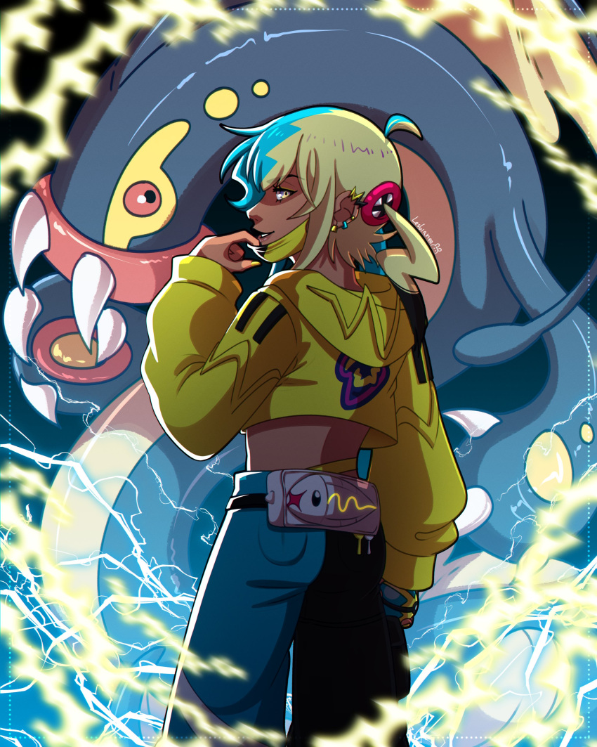 1girl, absurdres, aqua_hair, belt_bag, black_mask, blonde_hair, blue_pants, canari_(pokemon)