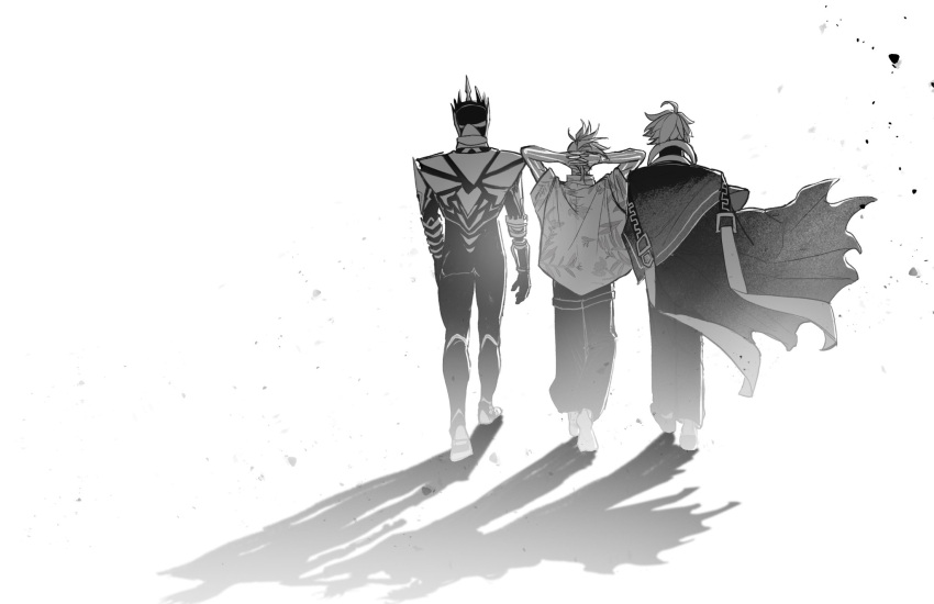 3boys, ahoge, arms_behind_head, black_bodysuit, body_markings, bodysuit, cloak, collarbone