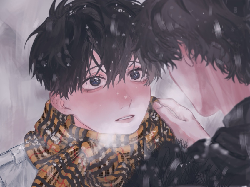 2boys, aegyo_sal, black_eyes, black_hair, breath, coat, fur_jacket, highres