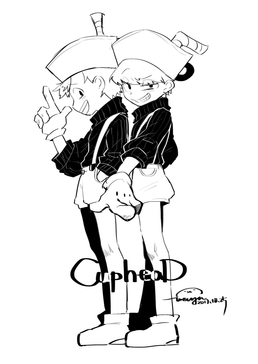 2017, 2boys, :d, absurdres, amy7996659, ankle_boots, artist_name, bare_legs