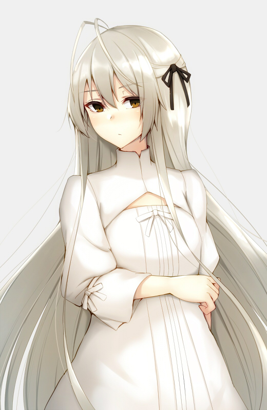 1girl, antenna_hair, black_ribbon, brown_eyes, closed_mouth, commentary, cowboy_shot, dress