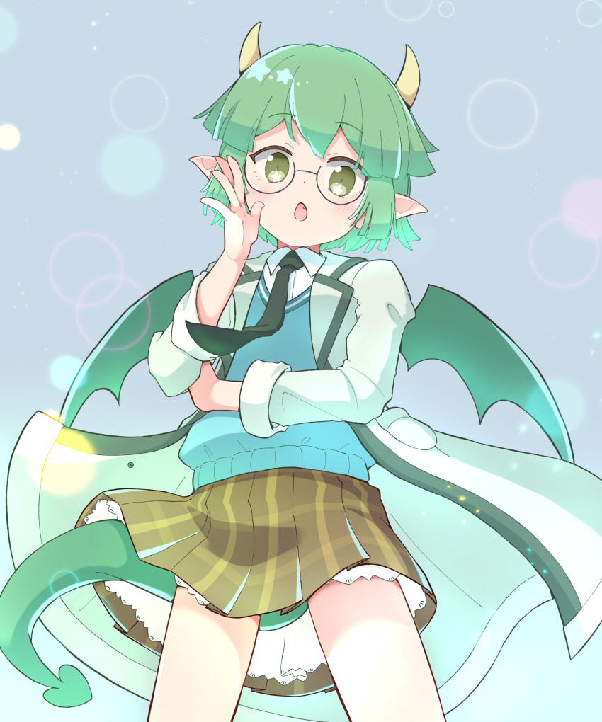 1girl, absurdres, adjusting_eyewear, arm_across_waist, bespectacled, black_necktie, blue_sweater_vest, blush, brown_skirt, coat, collar, draco_centauros, draco_centauros_(allstar_academy), dragon_girl, dragon_horns, dragon_tail, dragon_wings, fang, glasses, gradient_background, green_eyes, green_hair, green_wings, highres, horns, jazz_grace, looking_at_viewer, looking_down, necktie, official_alternate_costume, open_clothes, open_coat, open_mouth, pleated_skirt, pocket, pointy_ears, puyopuyo, puyopuyo_quest, round_eyewear, short_hair, sidelocks, skirt, solo, star_(symbol), sweater_vest, symbol_in_eye, tail, wings
