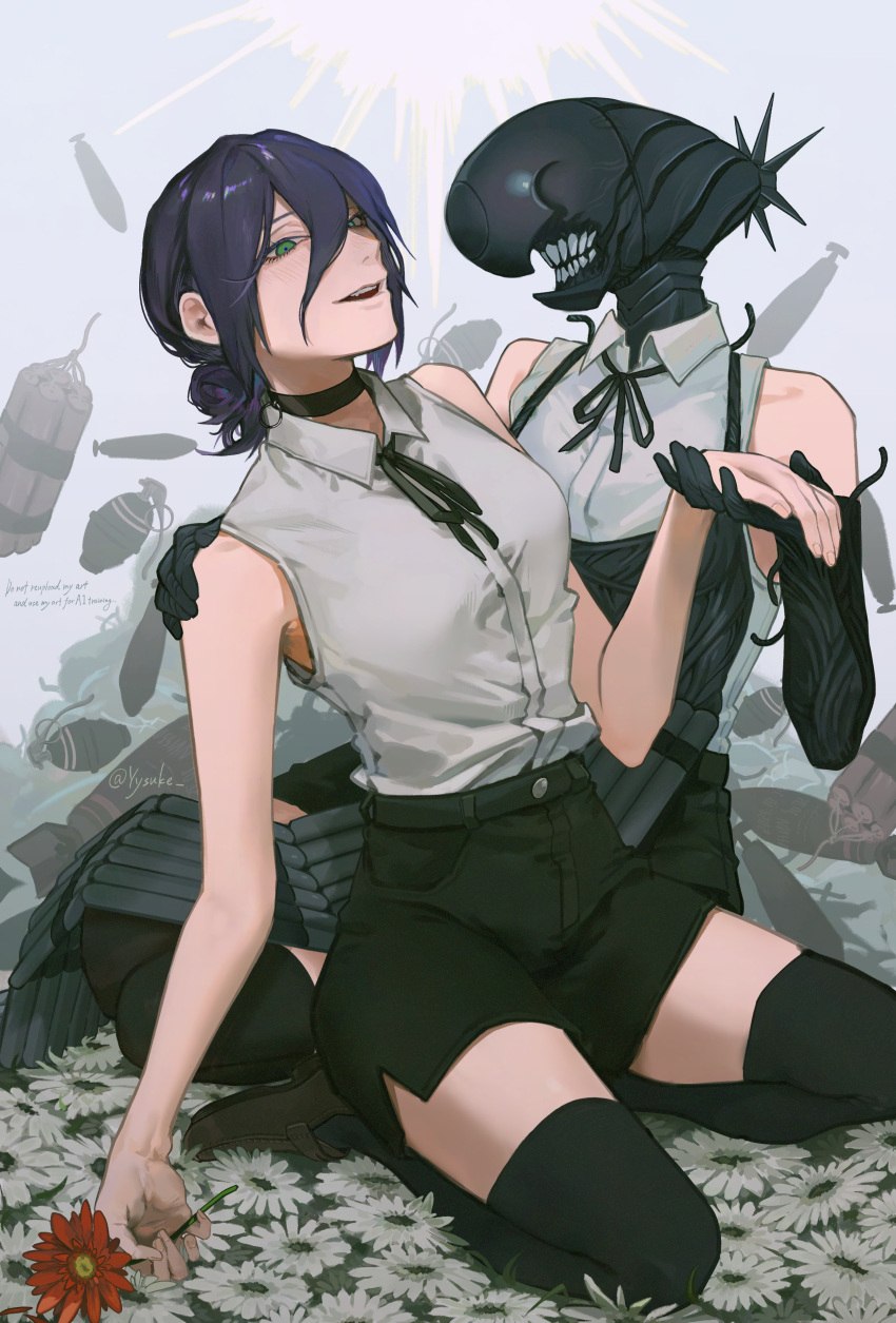 2girls, absurdres, apron, black_apron, black_choker, black_gloves, black_hair, black_ribbon