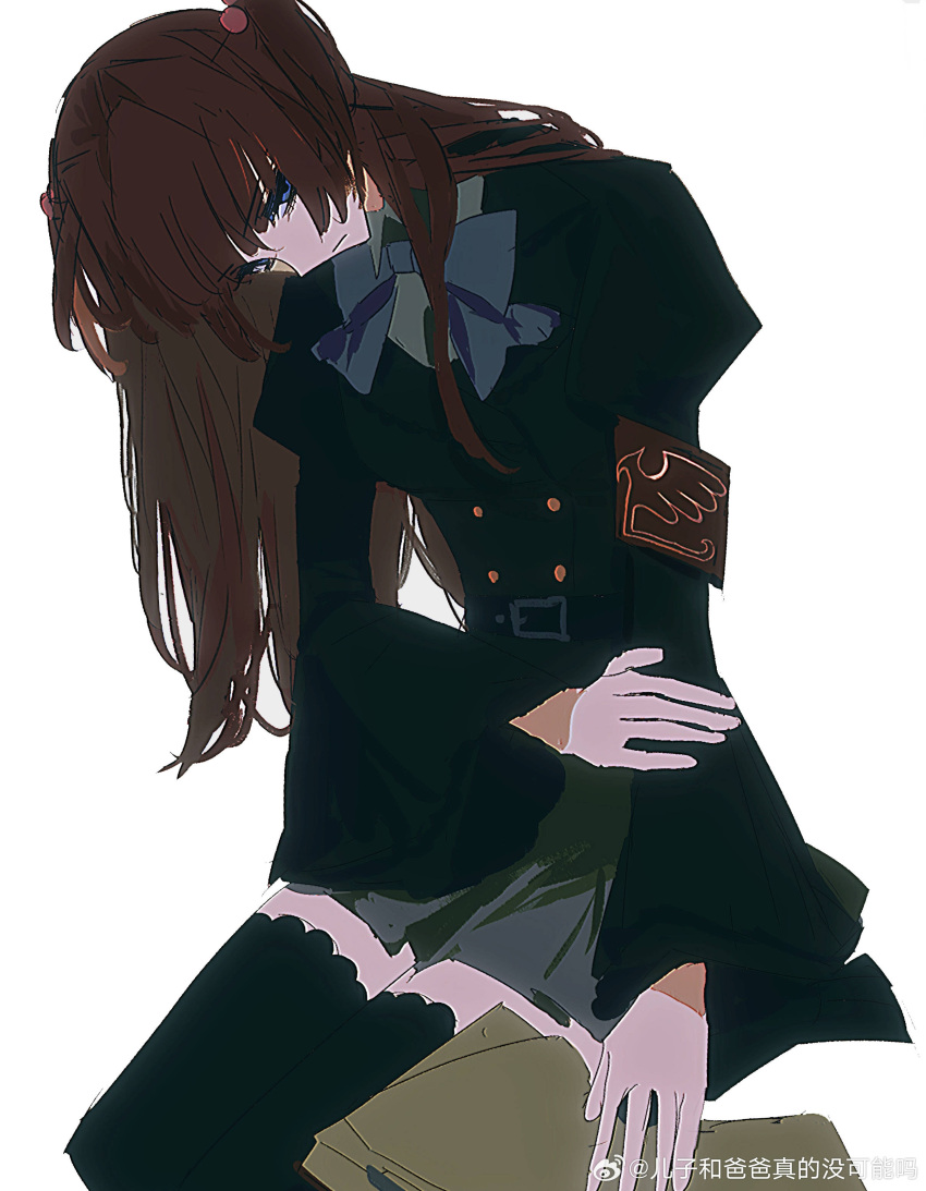 1girl, absurdres, armband, beads, black_jacket, blue_bow, blue_bowtie, blue_eyes