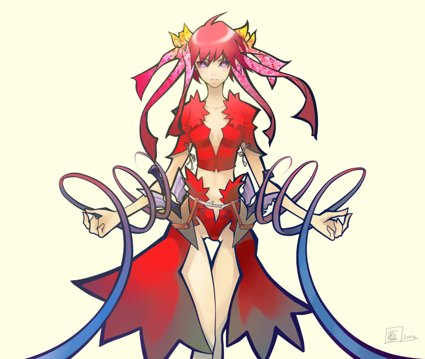 ai[sora], bad_id, highres, midriff, pink_eyes, pink_hair, ribbon, simple_background