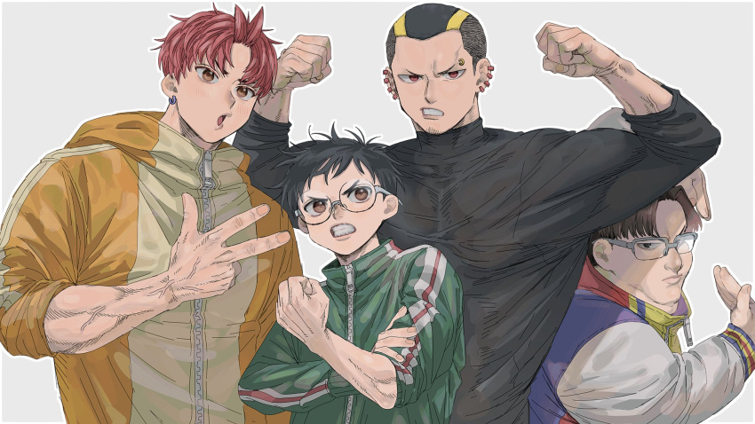 4boys, black_hair, black_shirt, brown_eyes, brown_hair, clenched_hand, clenched_hands, clenched_teeth