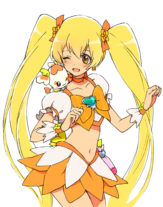 cure_sunshine, face, hair_ribbon, heartcatch_precure!, hirosuke, long_hair, magical_girl, midriff, myoudouin_itsuki, navel, open_mouth, potpourri_(heartcatch_precure!), precure, ribbon, skirt, twintails, wink, yellow_eyes