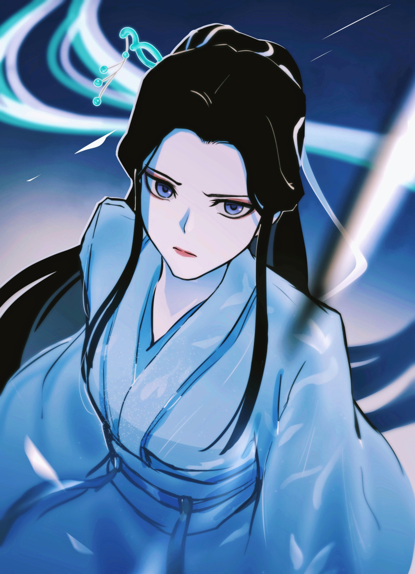 1girl, absurdres, antatica11, baishe:_fu_sheng, baishe:_yuanqi, black_hair, blue_eyes, chinese_clothes