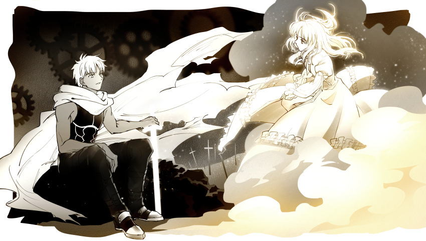 1boy, 1girl, absurdres, antatica11, archer_(fate), artoria_pendragon_(fate), cape, chinese_commentary